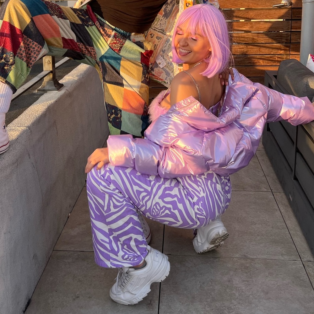 Purple and white zebra print jeans